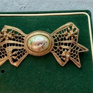 Vintage 1928 Filigree Bow Brooch: Victorian Style Floral Pearl Pin